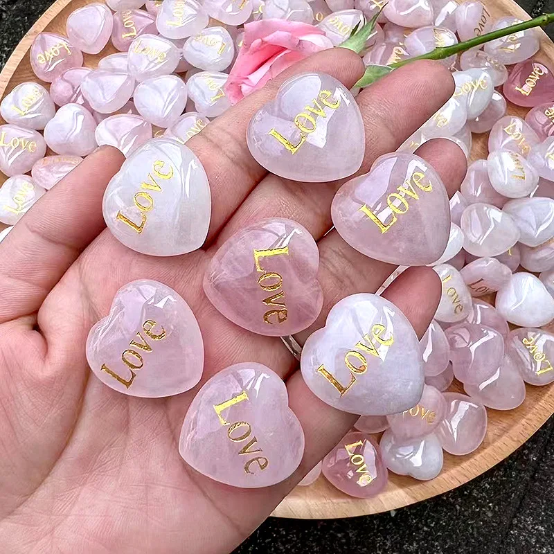 1pc 25mm Rose Quartz Heart Inspirational Stone Engraved Love Natural Pink Crystal Valentine's Day