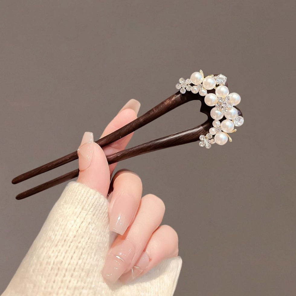 1pc Sweet and Elegant Imitation Pearl Flower Women's Wooden Hairpin Ancient Chinese Qipao Hanfu Headwear Woven Hair Accessory