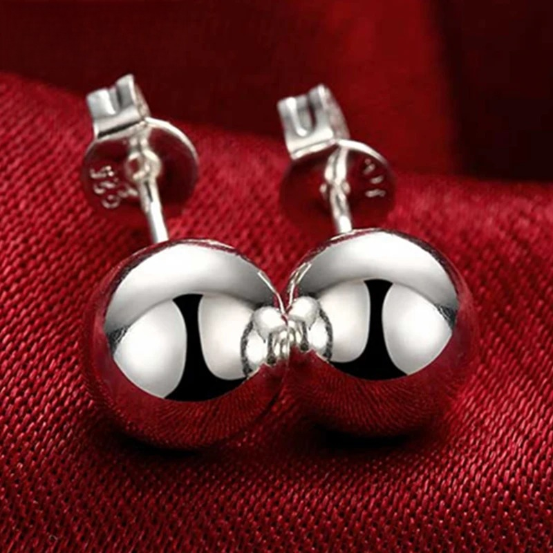 Cute 925 Silver 8/10/12mm Round Smooth Solid Bead Ball Stud Earrings For Women Wedding Engagement Party Jewelry