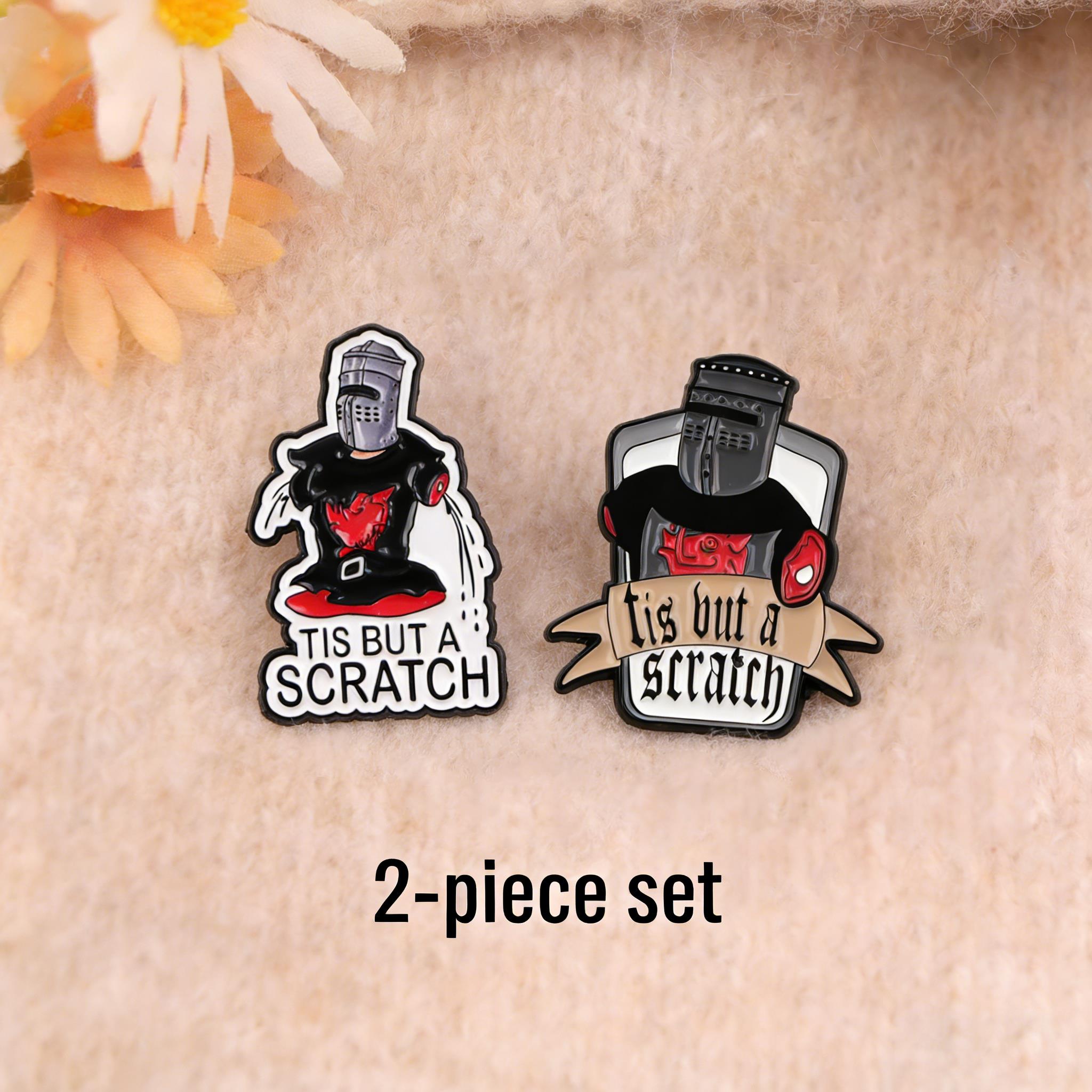 2pcs Black Knight Enamel Pin Set "Tis But A Scratch" Funny Quotes Brooch for Backpack Lapel Pins Gift for Comedy & Movie Fans
