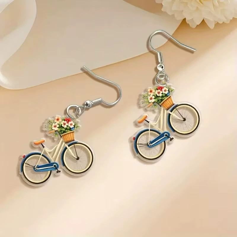 1 pair of 2D flat-2D retro bicycle pattern ladies fashion earrings | acrylic and iron, daily wear, suitable for all seasons