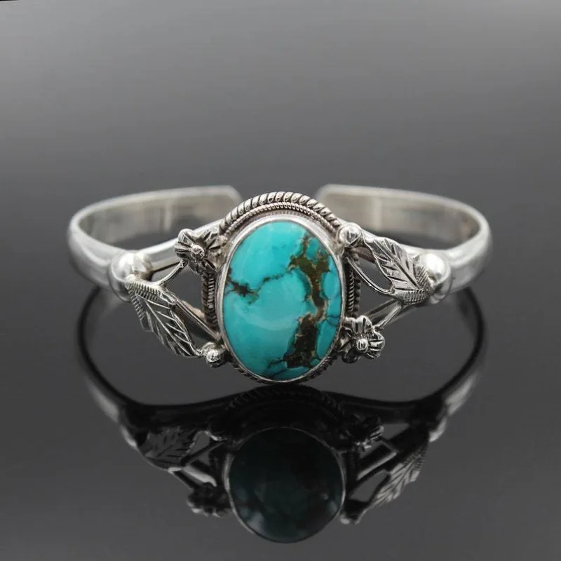 Antique Silver Color Flowers Blue Natural Stone Bracelet for Women Simple Luxury Bracelets 2023 Bohemian Trendy Woman Jewelry