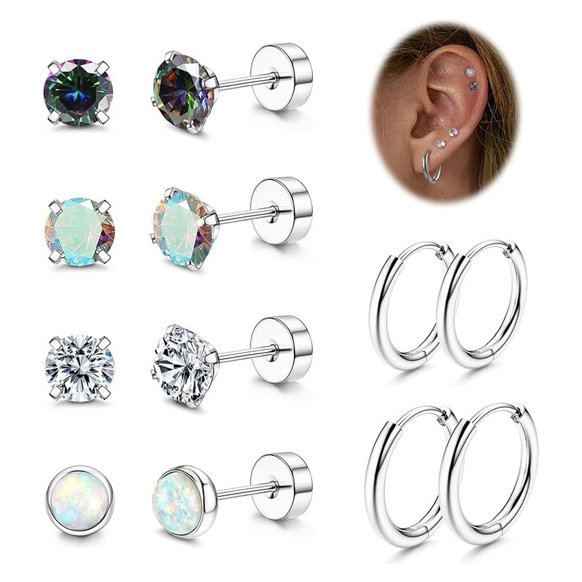 8 Pairs Tiny Cartilage Stud Earrings Stainless Steel Cubic Zirconia Earrings for Women Men 18G Screw Flat Back Earrings Set