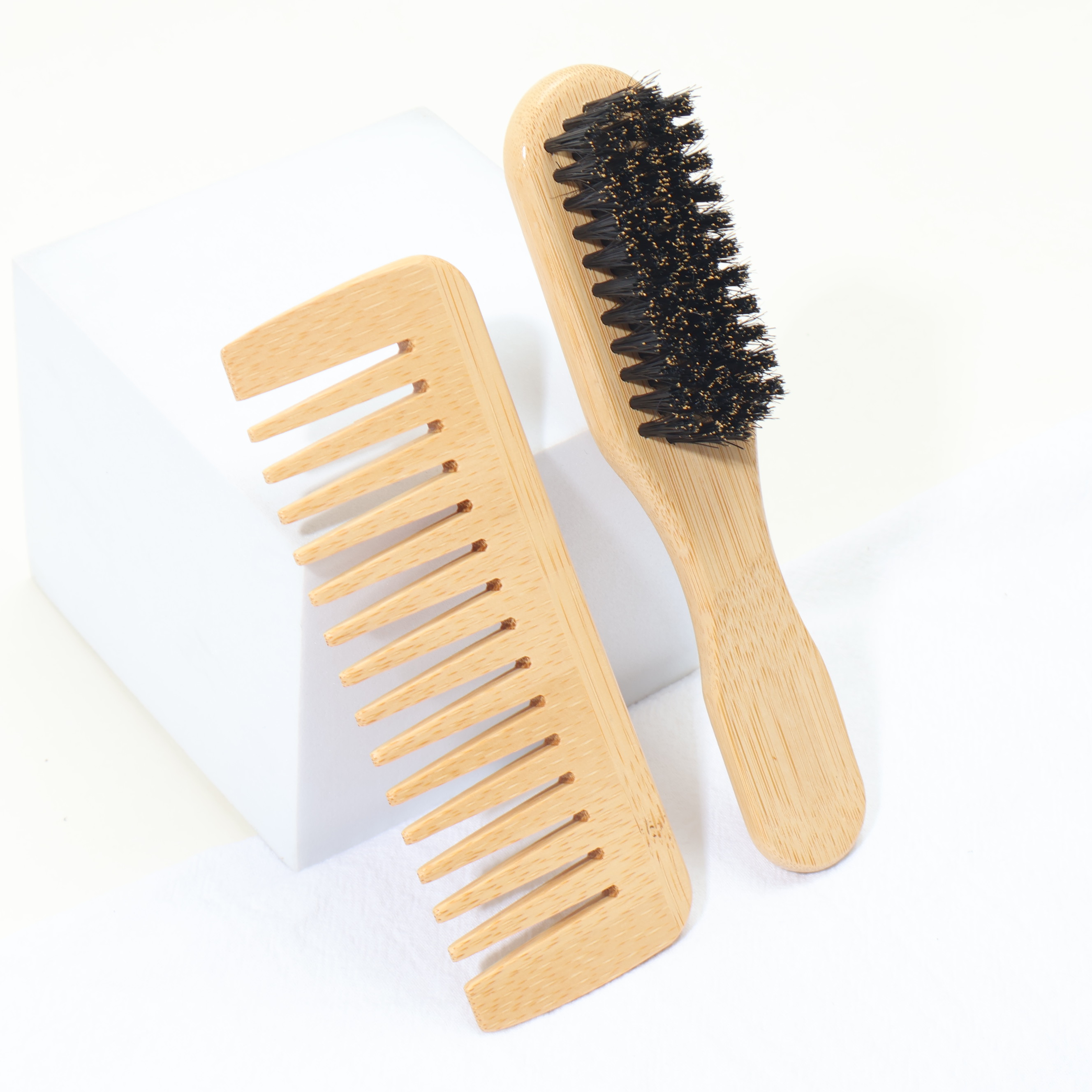 2-Piece Natural Bamboo Portable Mini Set - Boar Bristle Hair Brush & Natural Bamboo Wide-Tooth Comb, Palm-Sized Compact Design