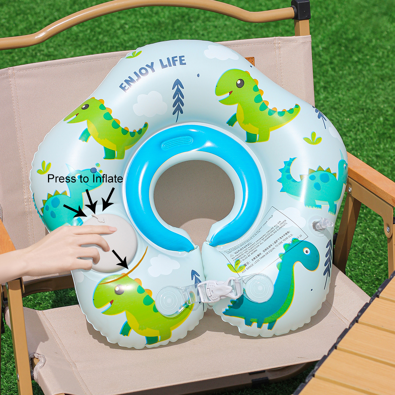 1PC Green Dinosaur Paradise Inflatable Swim Ring and Cute Five-Pointed Star Neck Ring Designed for Water Safety.