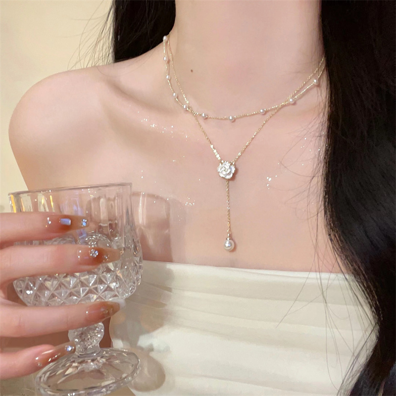 Fashion Unique Luxury Pearl Camellia Double Layer Necklace For Women Girls Sweet Elegant Exquisite Clavicle Chain Jewelry Gifts
