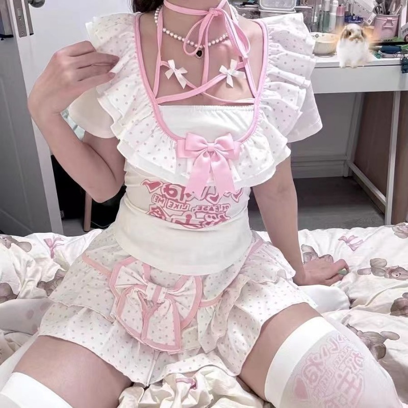 Y2k women clothing Subculture Printed Kawaii Sleeveless T-shirt Cute Bow Lolita Mini Skirt Slim Young Sense tees tops