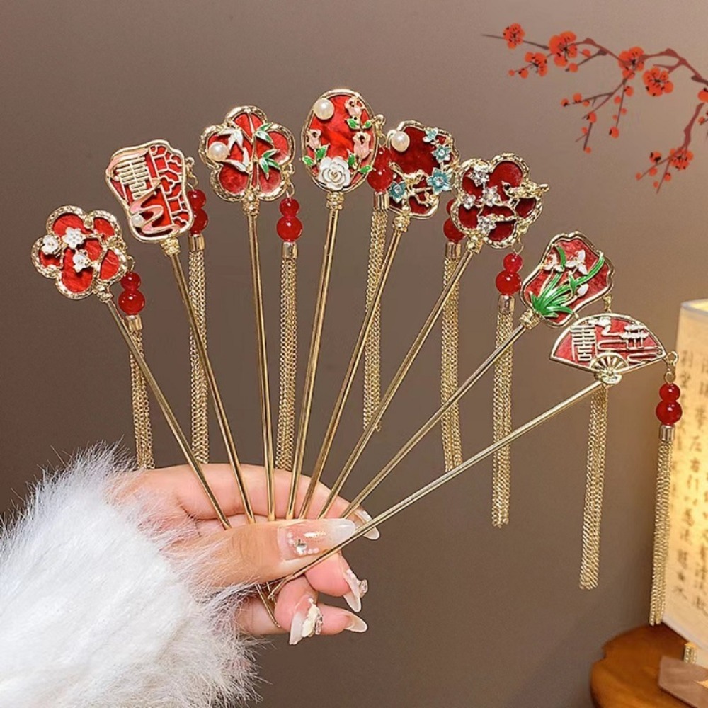 Red Tassel Pearl Flower Hair Stick Elegant Fan Shape Chinese Versatile Style Pearl Hair Stick Hair Fork Hairpin Hanfu Party
