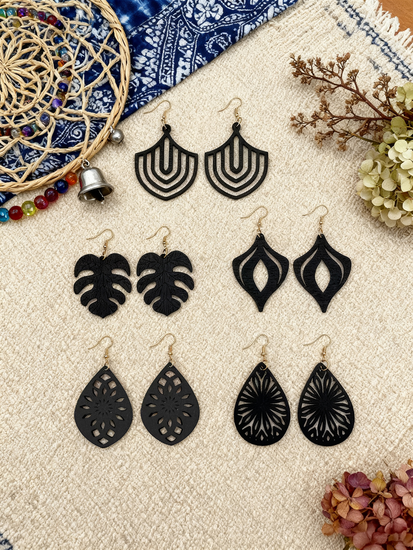 5 Pairs/Set, Bohemian Ethnic Style Vintage Hollow-Out Women's Hoop Earrings, Handmade Natural Exotic Atmosphere Black Music Festival Unique Earrings, Suitable for Festivals, Daily Wear, Parties, Etc
