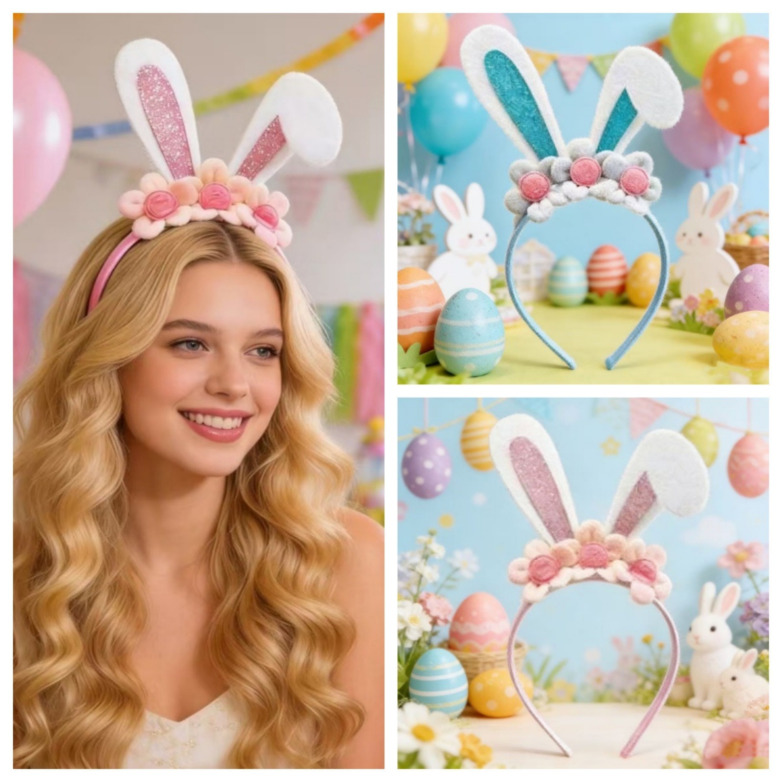 1PC Easter Bunny Ear Headband For Women Sparkling Glitter Rabbit Ear Hair Hoop With Flower Decor Cute Easter Hair Accessory