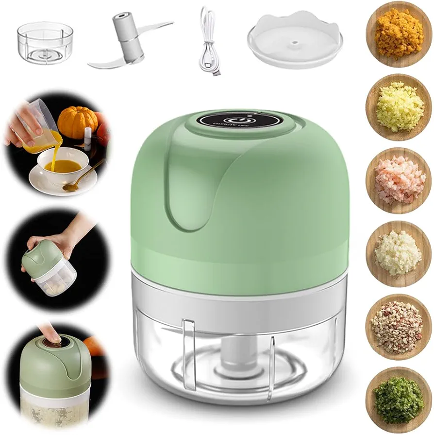 USB Rechargeable Electric Garlic Grinder, 2023 New Portable Veggie Chopper Garlic Electric Grinder Onion Chopper, Mini Food Chopper Tool for Vegetable, Ginger, Chili, Fruit, Meat (Green, 100ml)
