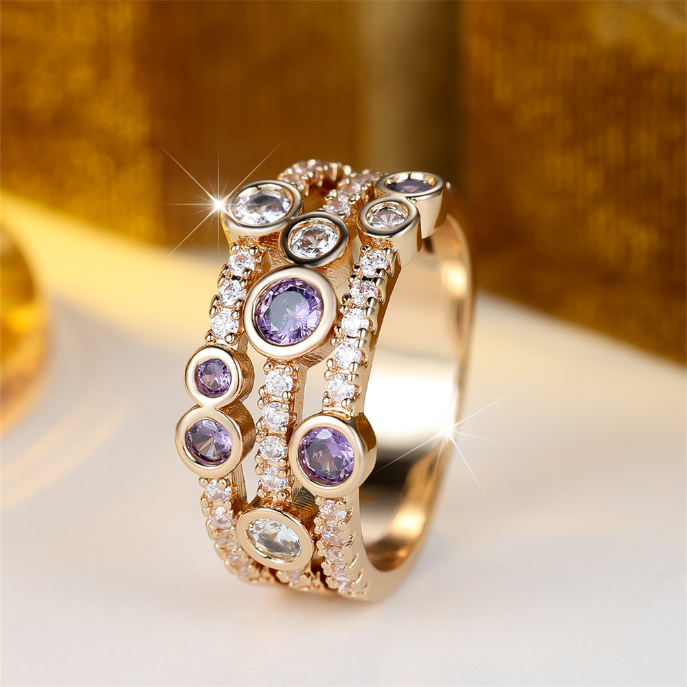 Round Stone Purple Crystal White Zircon Rings For Women Vintage Gold Color Engagement Ring Wedding Jewelry Bridal Versatile