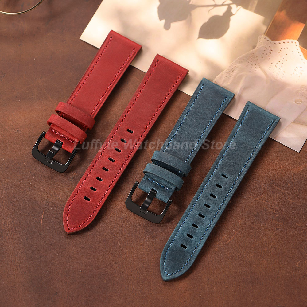 Men's Retro Crazy Horse Leather Watch Band Blue Brown Wristband Durable Replacement Watch Strap 18mm 20mm 22mm 24mm