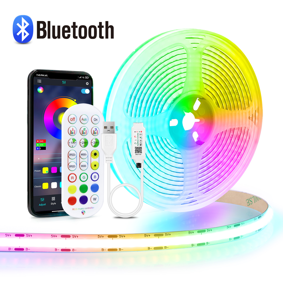 576LEDs/M RGB COB LED Strip Light Tape USB 5V APP Remote Control FOB Dimmable LED Light Ribbon For Game Room Decor