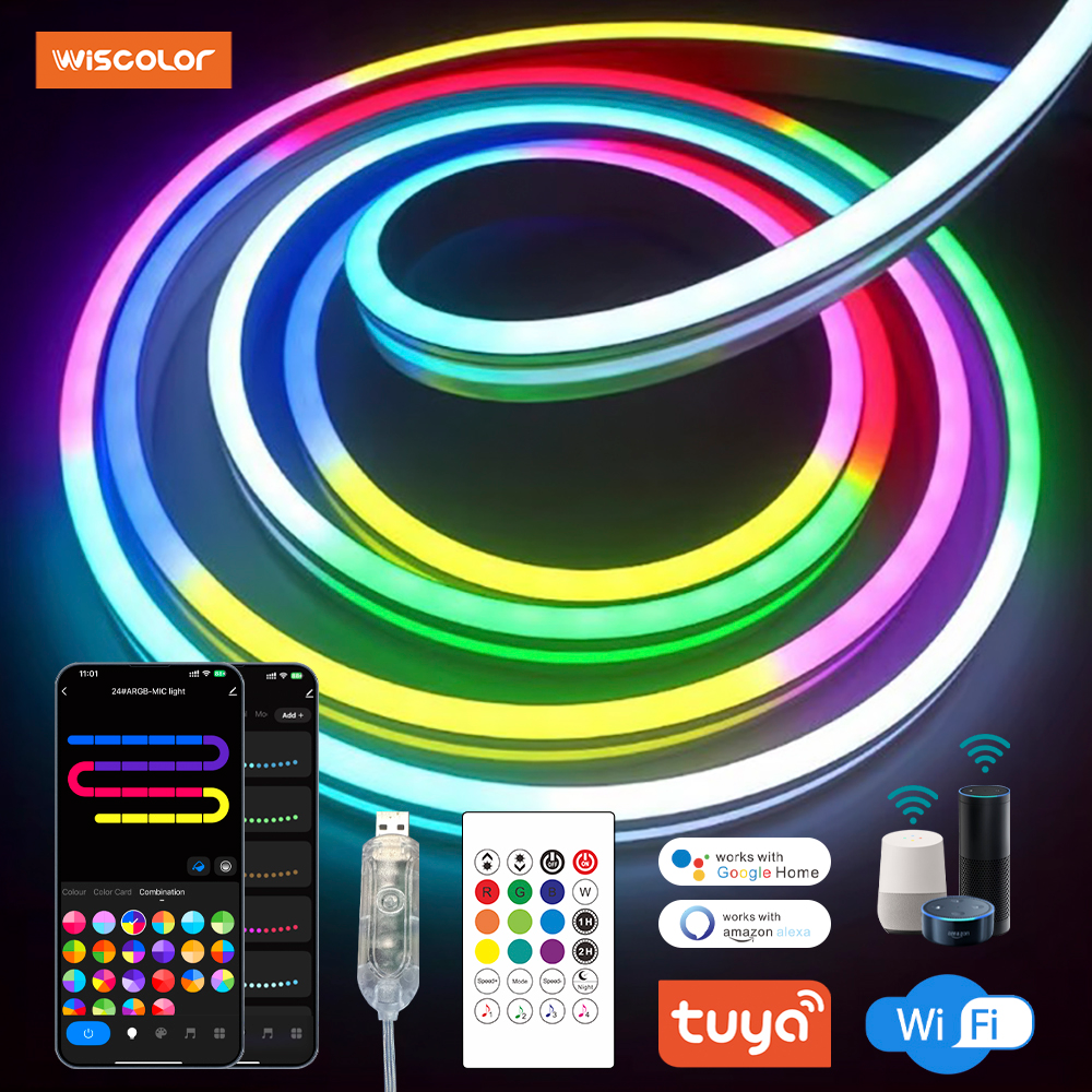 WISCOLOR Tuya WIFI LED Neon Strip Lights Flexible Silicone Waterproof With Music Sync/voice Control For DIY Home Decor Lighting