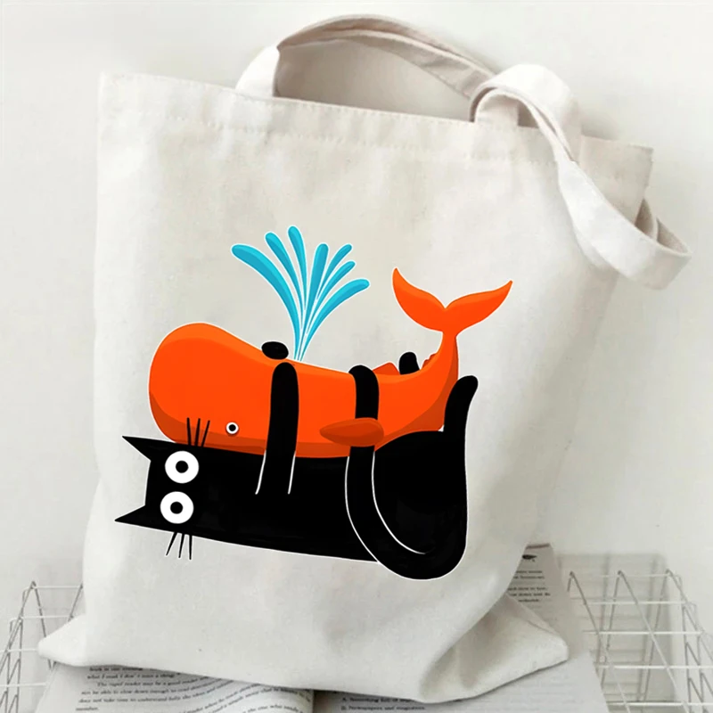 Japanese Style Black Cats Pattern Tote Bag Women Men Cartoon Canvas Shoulder Bag for Travel Daily Reusable Commute Bags