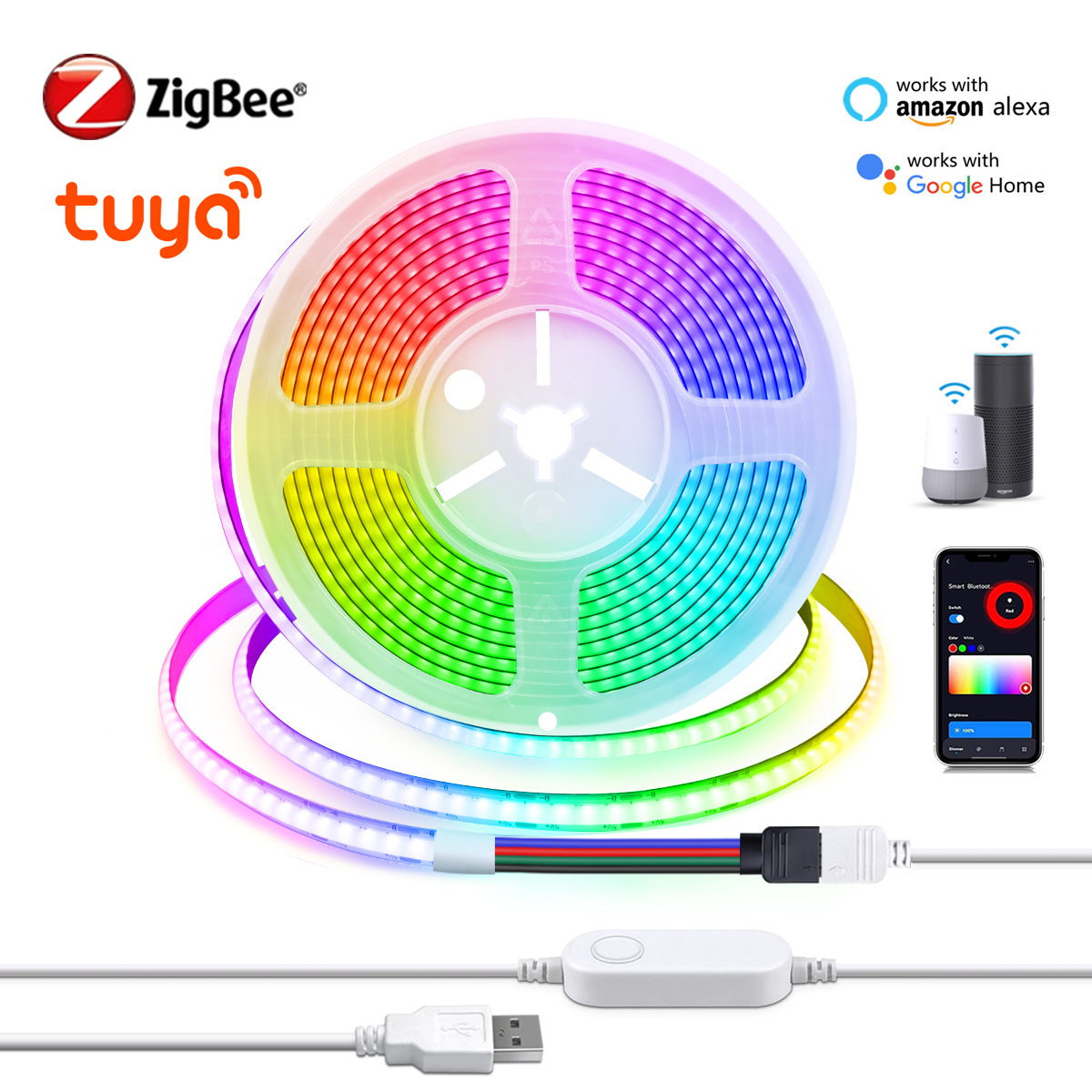 U5V WiFi Zigbee RGB LED Strip Light COB Flexible Ribbon USB Tuya Compatible for Room Decoration Works with Alexa Home