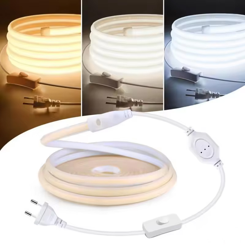High Quality Solid Silicone Neon 220V Cob LED Strip Light Super Bright Waterproof With EU Power Supply Switch Room Wall Decor