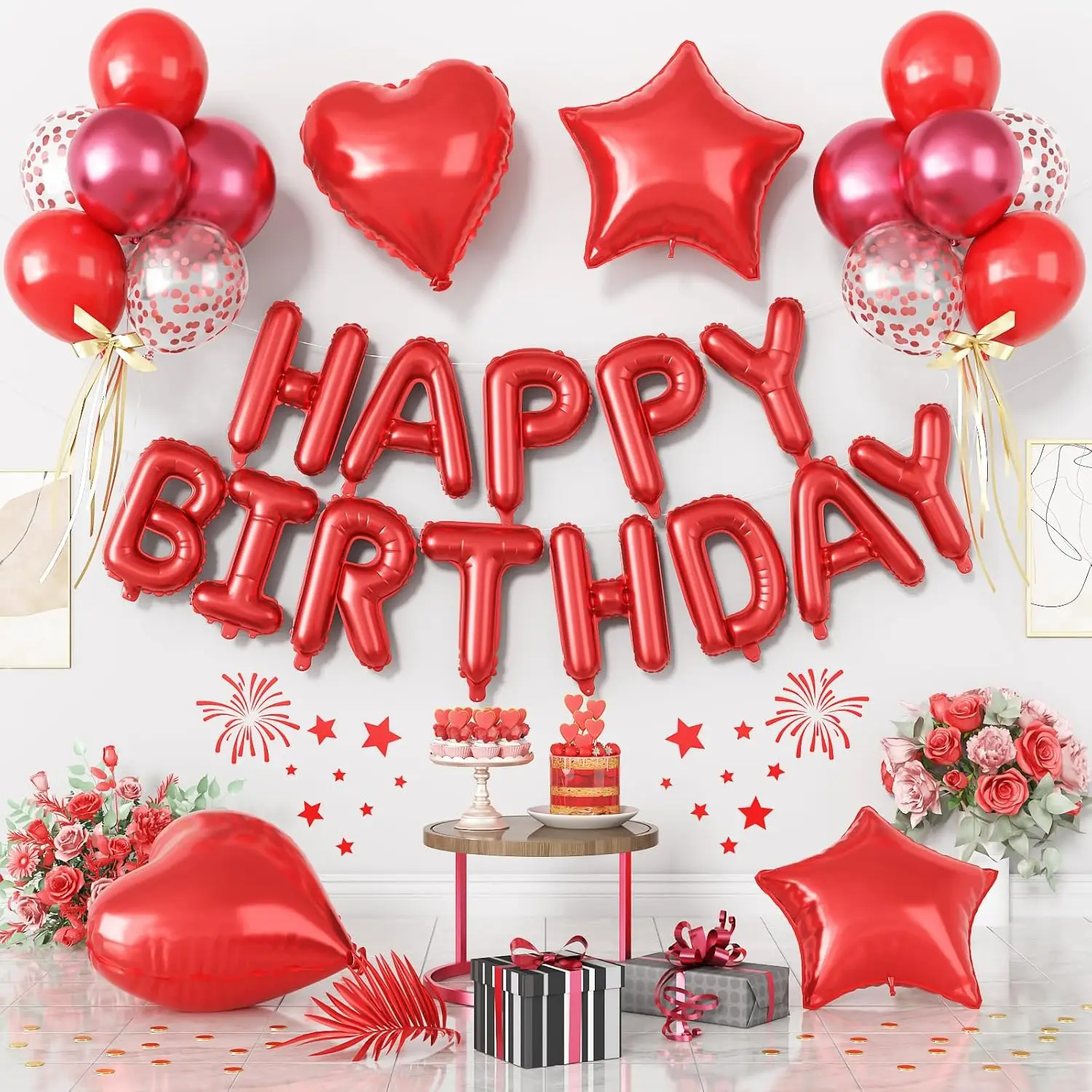 23pcs Red Happy Birthday Balloon Set Love Pentagram Aluminum Film Balloon for Birthday Party Valentine's Day Interior Decoration