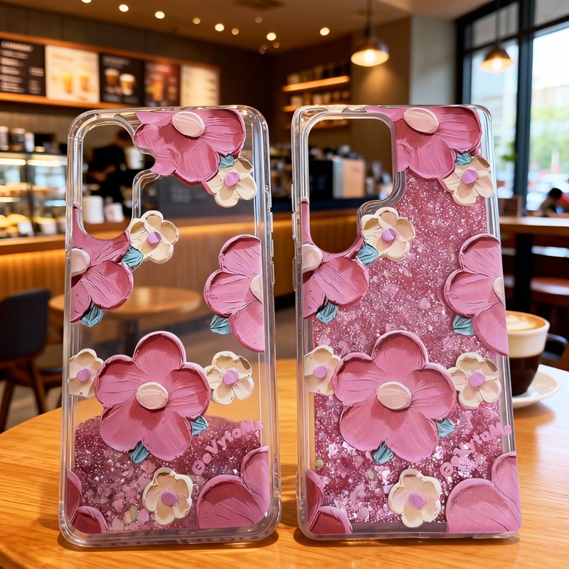 S25Ultra S25FE Flower Print Transparent Soft Case For S25 Ultra Edge FE Plus Glitter Liquid Pink Quicksand Cover