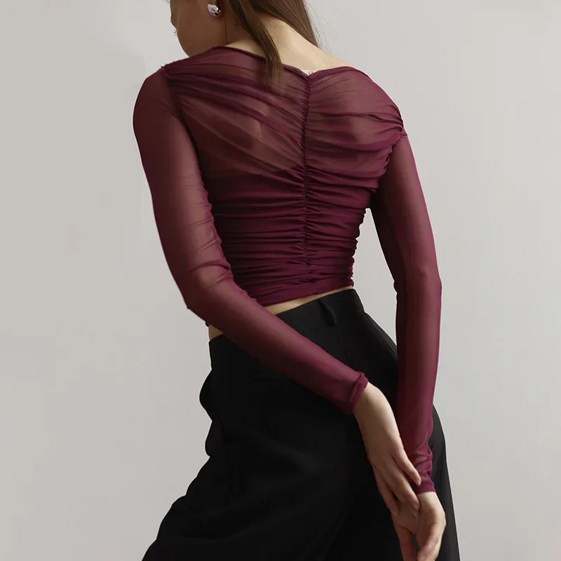 High Quality Spring Women's Transparent Mesh Long-sleeved Slim-fit Tees 2026 Fashion Cross-wrapped Crop Top God Woman