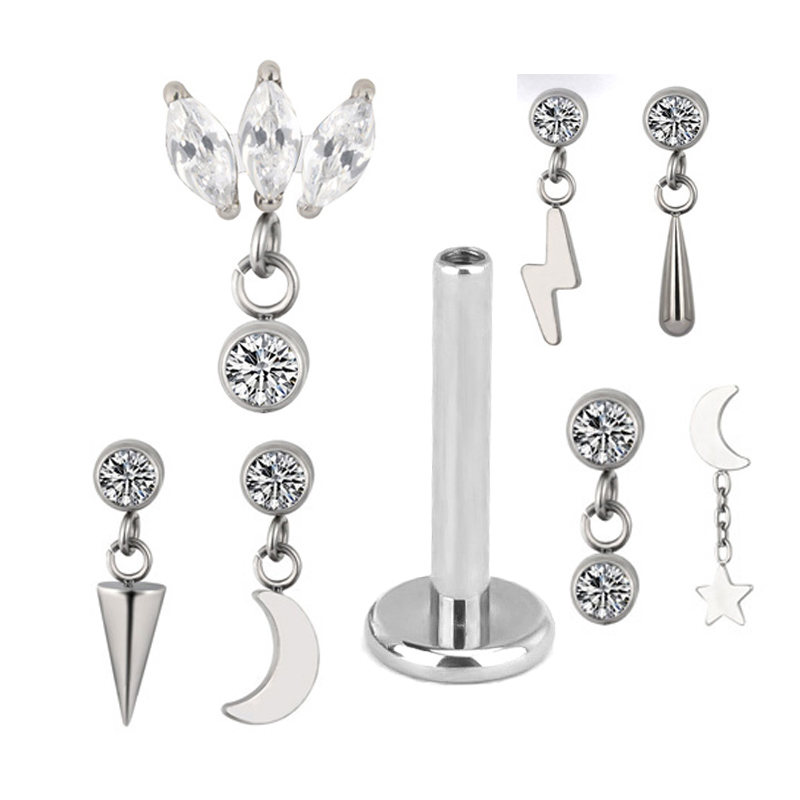 ASTM F136 Titanium EAR PIERC Pendant Chain Dangle Ear Studs With CZ Top Labret Lip Stud Cartilage Earring Body Piercing Jewelry
