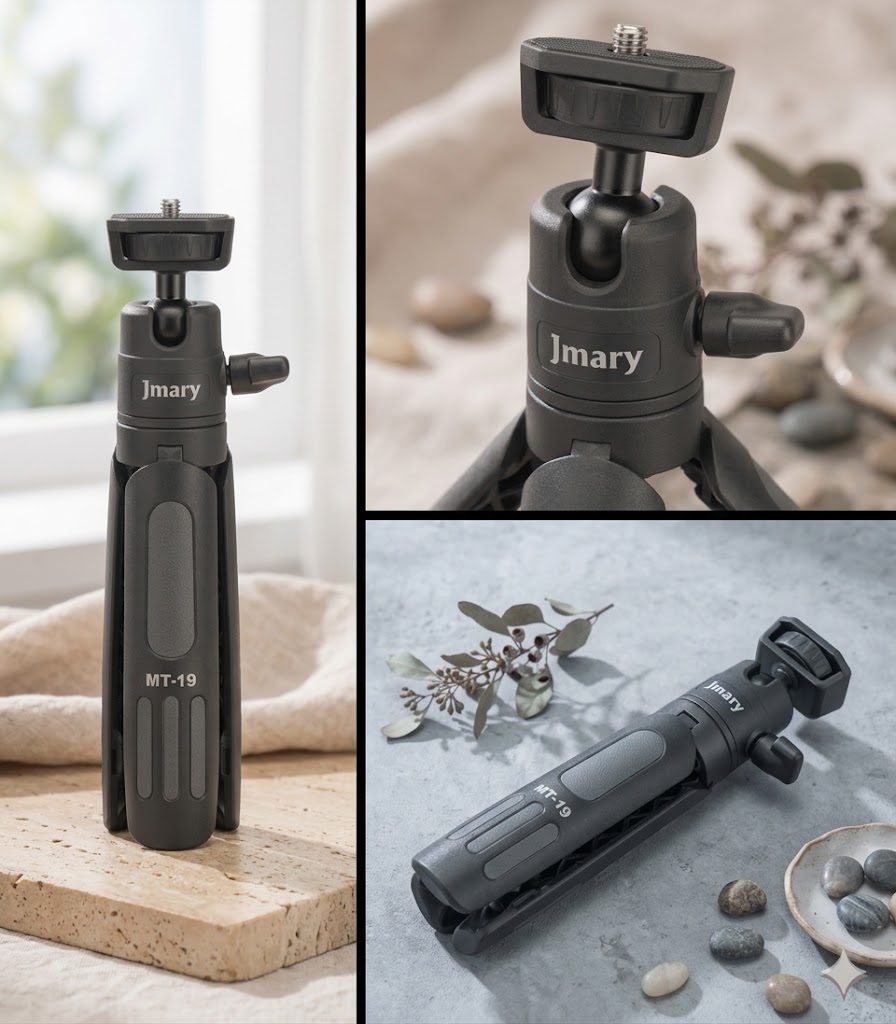 Jmary MT-19 Lightweight Aluminum Mini Tripod Stand | 360° Rotation, Adjustable Height, Quick Release Plate, Portable Desktop Tripod for Vlog & Selfie