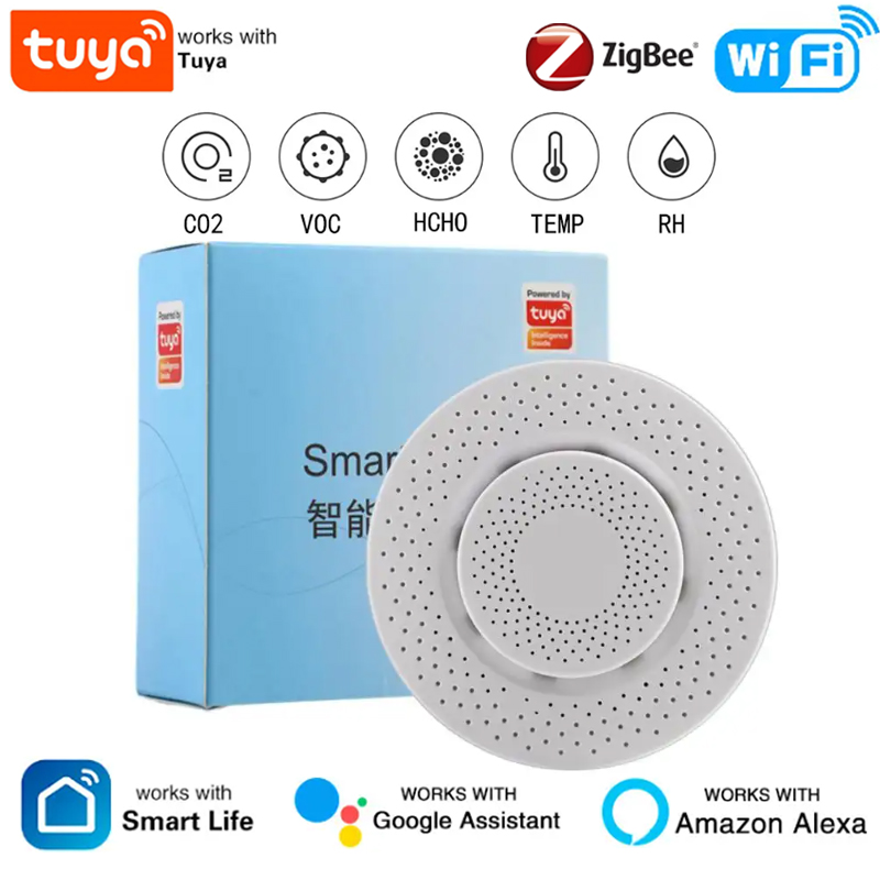 Tuya Zigbee/WiFi Air Quality Sensor Smart Air Box CO2 Meter Formaldehyde VOC Temperature Humidity Sensor Via Alexa Home
