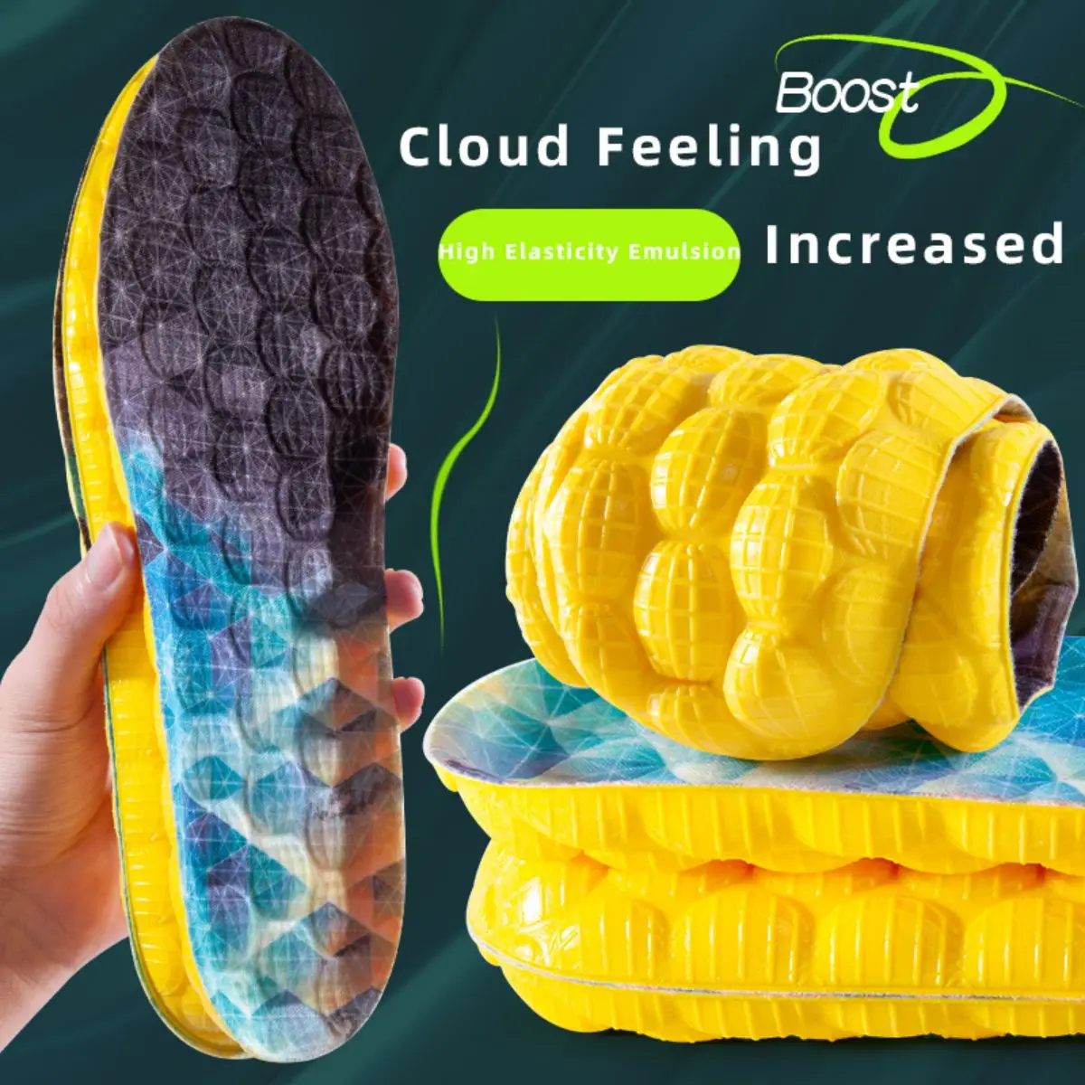 1Pair 4D Cloud Technologyt High Elasticity Sports Deodorant Insoles Shoes Yellow PU Sole Breathe for Feet Men Running Insole