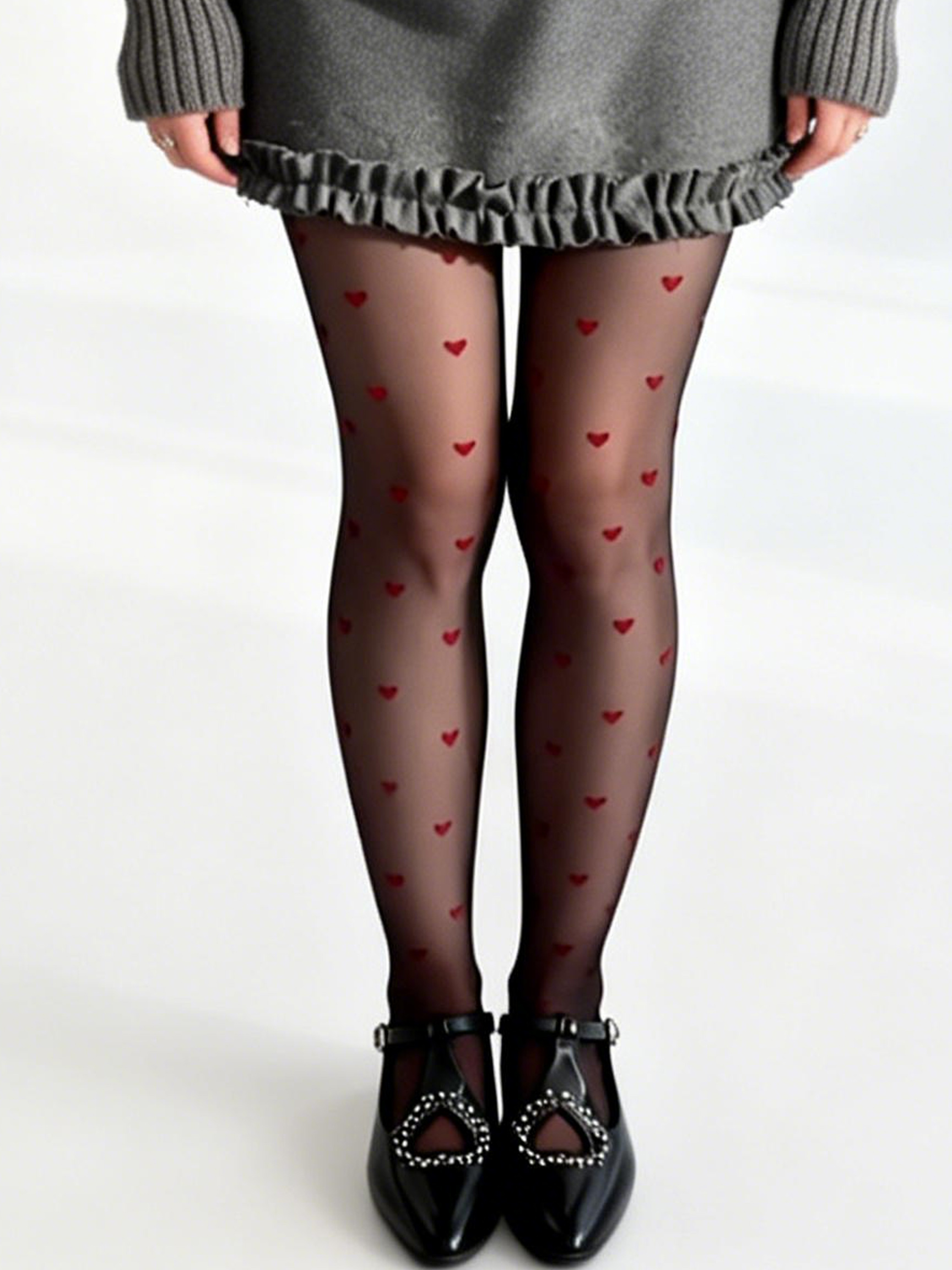 1 pc Valentine's Day Women's Ultra-Thin Red Heart Pattern Black Stockings Sheer Pantyhose for Daily Wear & Party Spring