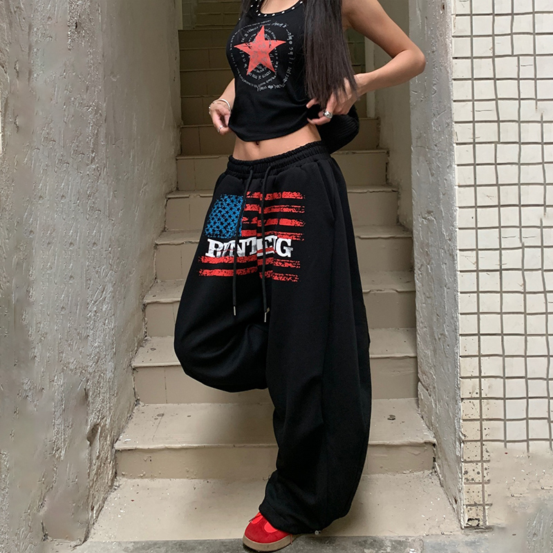 Drawstring Wide Leg Sweatpants Women High Street Pants Y2K Hip Hop Print Sports Trousers Spring Autumn Trendy Streetwear Pants