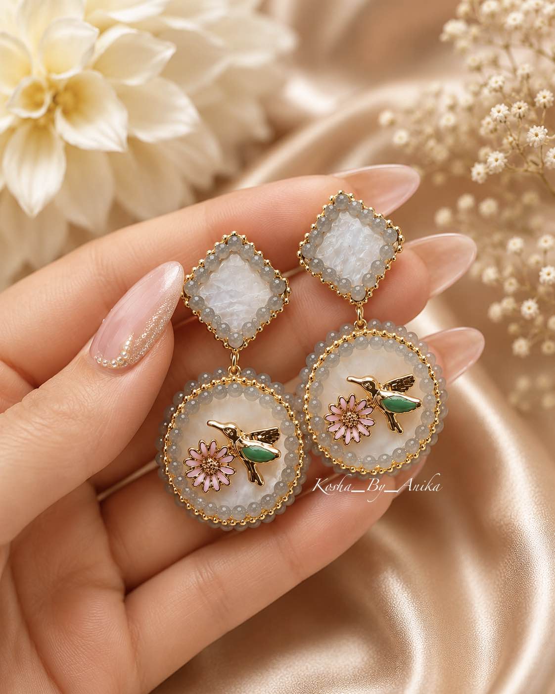 Kosha By Anika Luxury Hummingbird & Flower Drop Earrings for Women | Elegant Korean Style Pearl Beaded Dangle Earrings | Lightweight Fashion Jewelry Gift