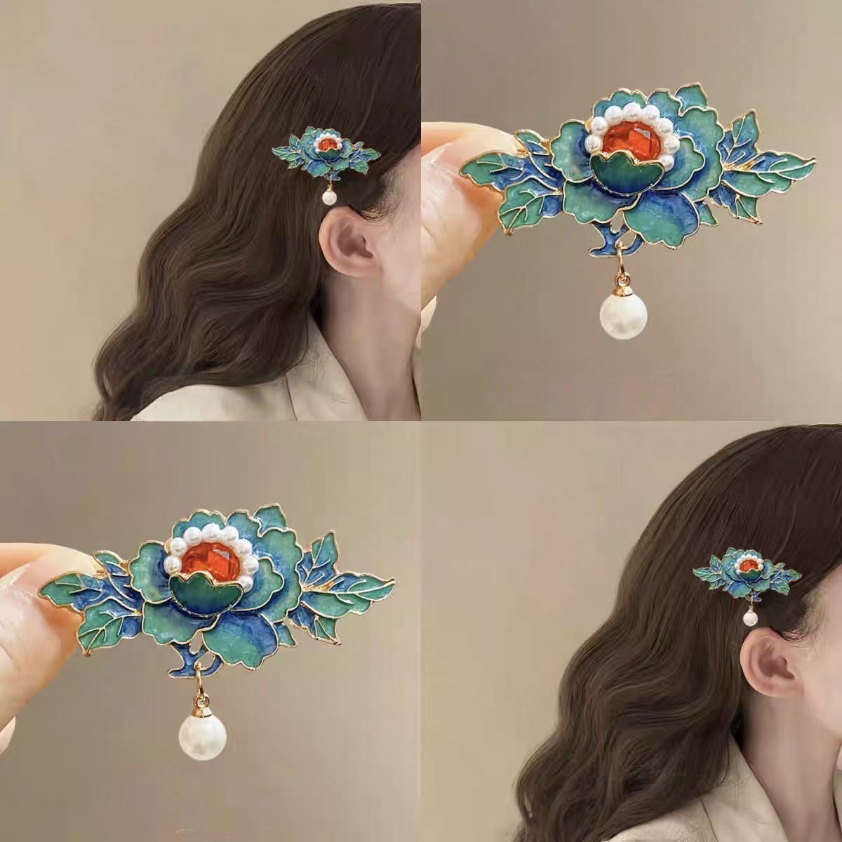 Hairpin with Blue Floral Design in New Chinese Style for Women, Suitable for Classical Cheongsam, Elegant Side Clip with a High-