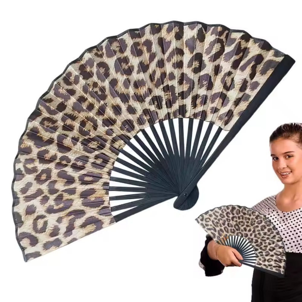 Elegant Leopard Print Folding Fan with Black Frame - Stylish Princess Theme, Lightweight & Portable for Women