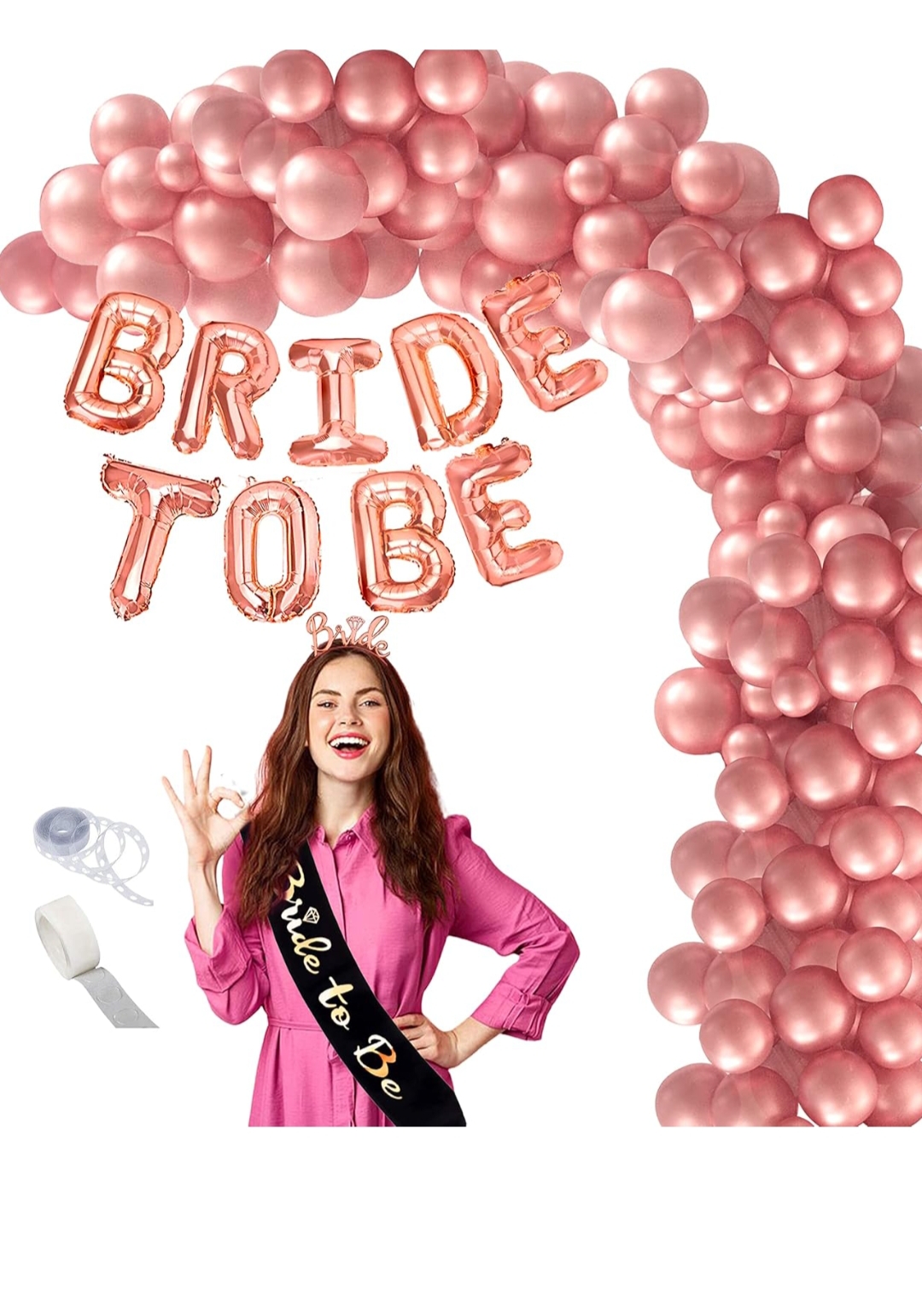 Bachelorette Bride to Be Bridal Shower Theme Party Decoration (1 Pc Black Silk Sash + 1 Set Bride to Be Letter Balloon + 1 Pc Rose Gold Bride Tiara + 50 Pcs Rose Gold Metallic Balloon)