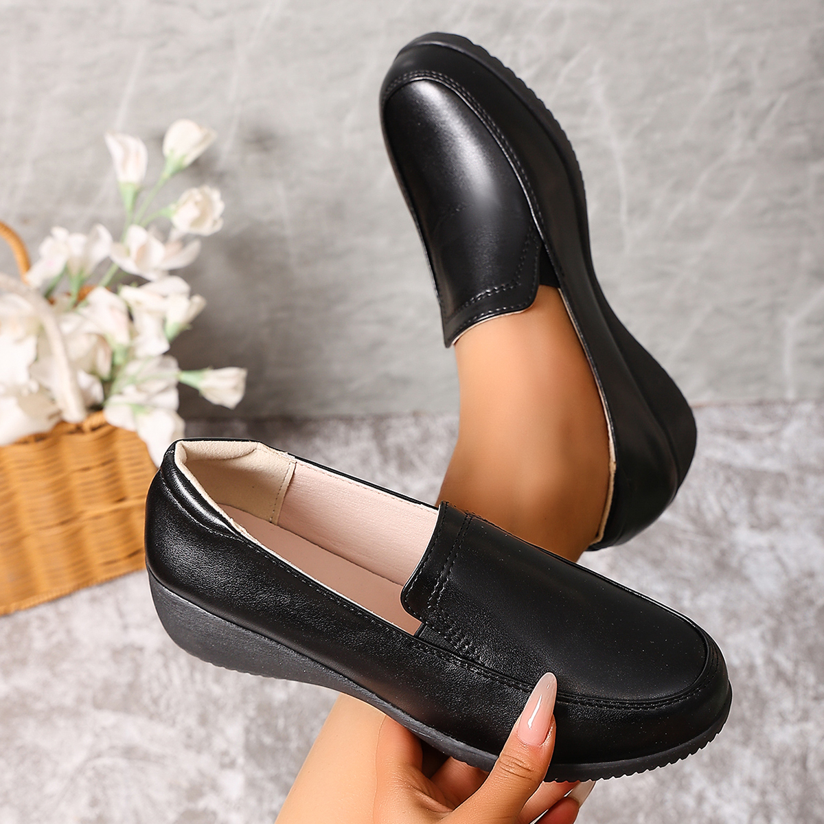 Women Wedge Loafers Matte Leather Slip On Casual Office Work Shoes Minimalist Elegant Comfort Walking Black 4.5cm Heel