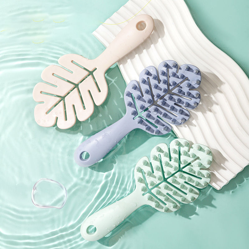 1pc scalp massage comb silicone leaf shaped shampoo bath body massage brush long handle salon brush,Special for real hair