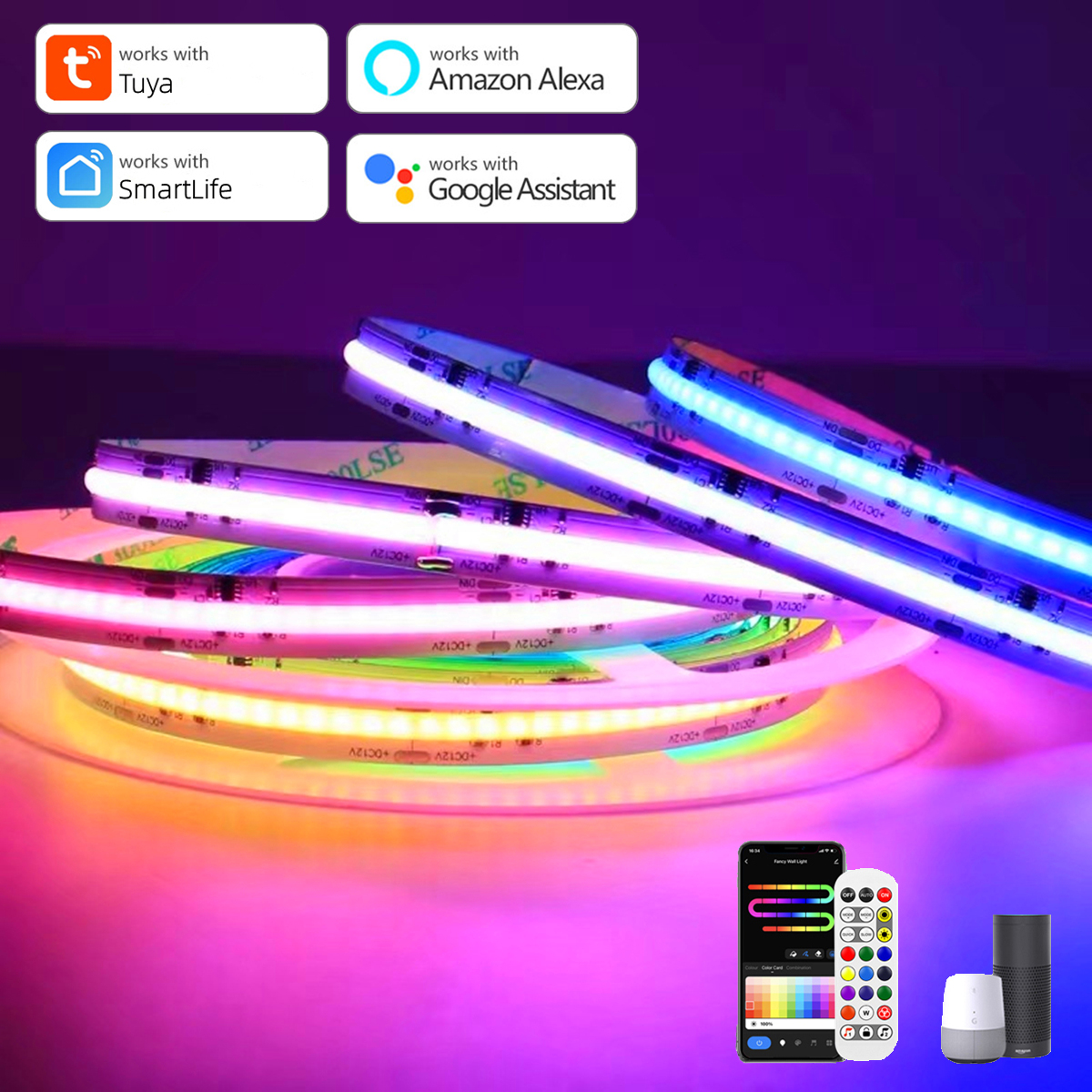Smart Colorful COB LED Stirp with Tuya Controller 12V RGBIC APP Control DIY Segmented Control Color Game Room Night Ambinet Lamp