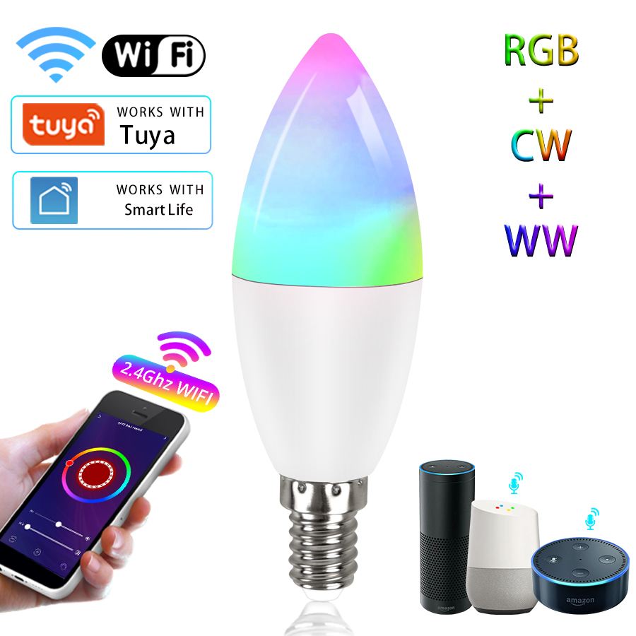Tuya Smart WiFi LED Bulb E14 Candle Lamps 5W 7W 9W 220V Dimmable RGB Lamp APP Smart Voice Control Alexa Assistant Home