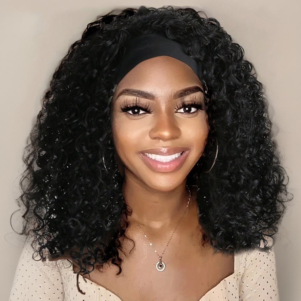 16 Inch Headband Synthetic Natural Kinky Curly Black Brown For Black Women Daily Party Use Heat Resistant Fake Hair