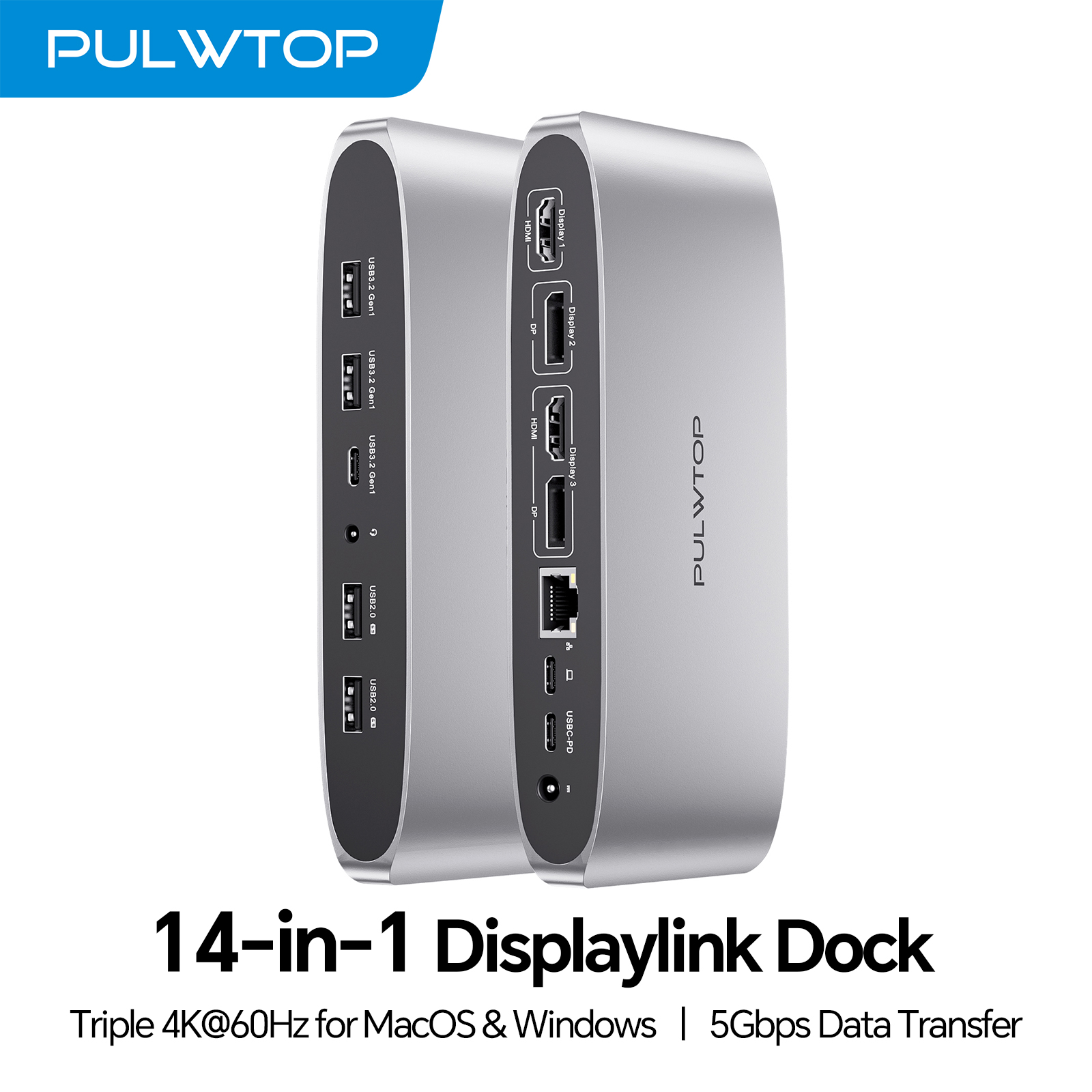 PULWTOP Displaylink Docking Station, DisplayLink Dock Triple Displays for MacBook/Windows, with 3HDMI, 3 Display Port,USB A/C