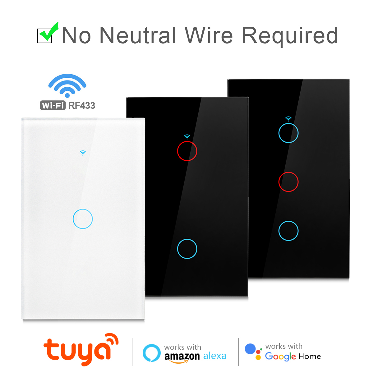 For Tuya Smart Wifi Light Switch No Neutral Wire Touch Panel EU 1/2/3 Gang Wall Switch Control Voice Control Alexa