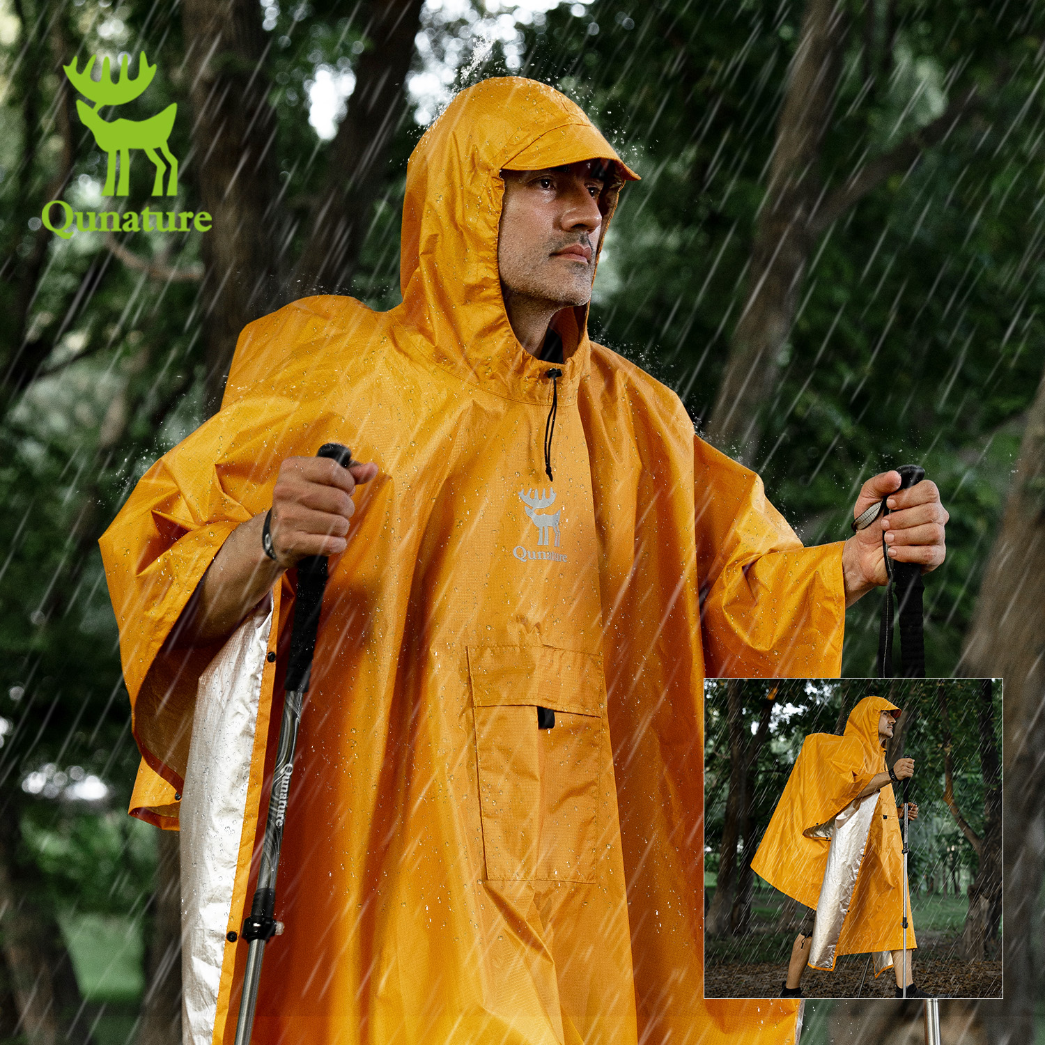 Qunature Raincoat 100% Waterproof Long Rain Coat Jacket Lightweight Raincoat Foldable Hiking Canopy Fishing 3 in 1 Rainwear