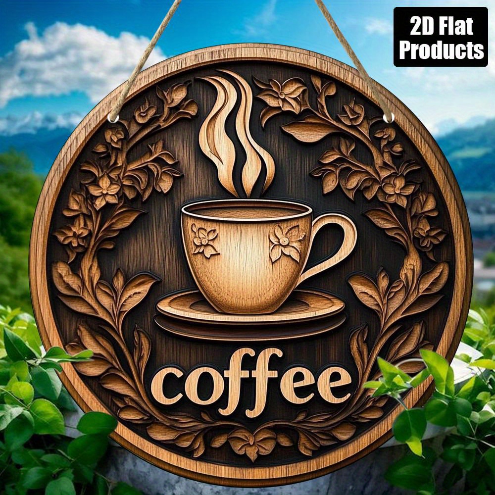 2D Flat, 1pc Coffee-Themed Round Wall Decor - Elegant Cup Design with Floral Accents - Artificial Wood Hanging Plaque for Kitche