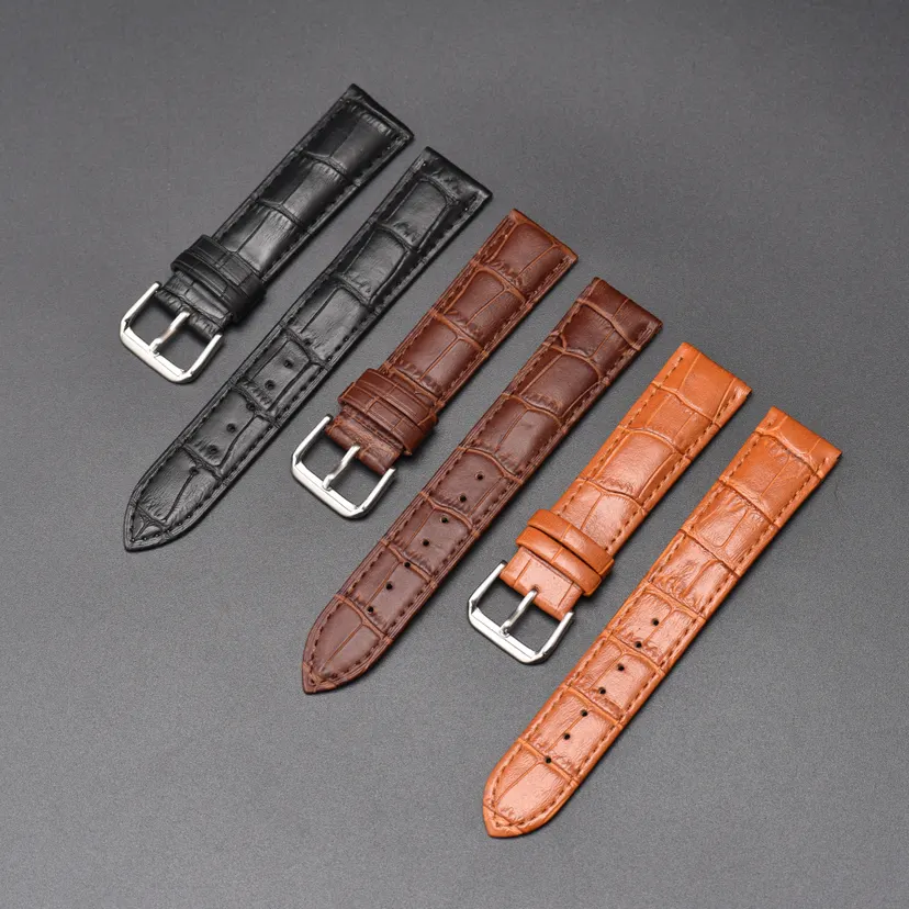18mm/20mm/22mm/24mm Universal Genuine Leather Watch Strap, Crocodile Pattern Bamboo Joint Pin-Buckle Strap