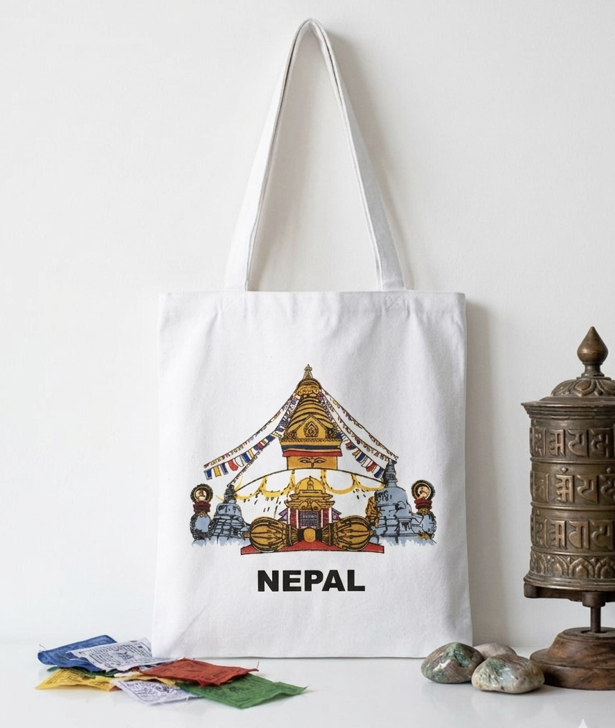 Premium Canvas Tote Bag with Nepal Boudhanath Stupa Print - Eco-Friendly Reusable Shopping Bag