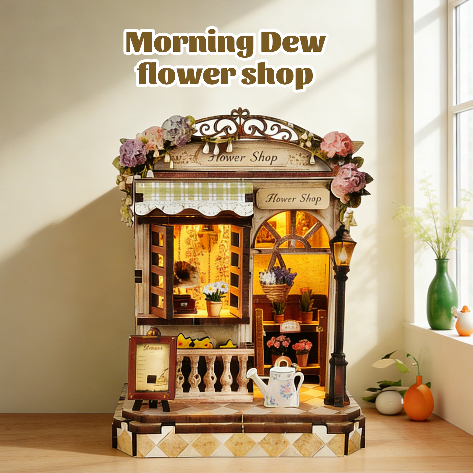 3d wooden puzzle for adults Morning Dew Florist book nook with lights model kit dollhouse DIY miniature house Birthday and Chris