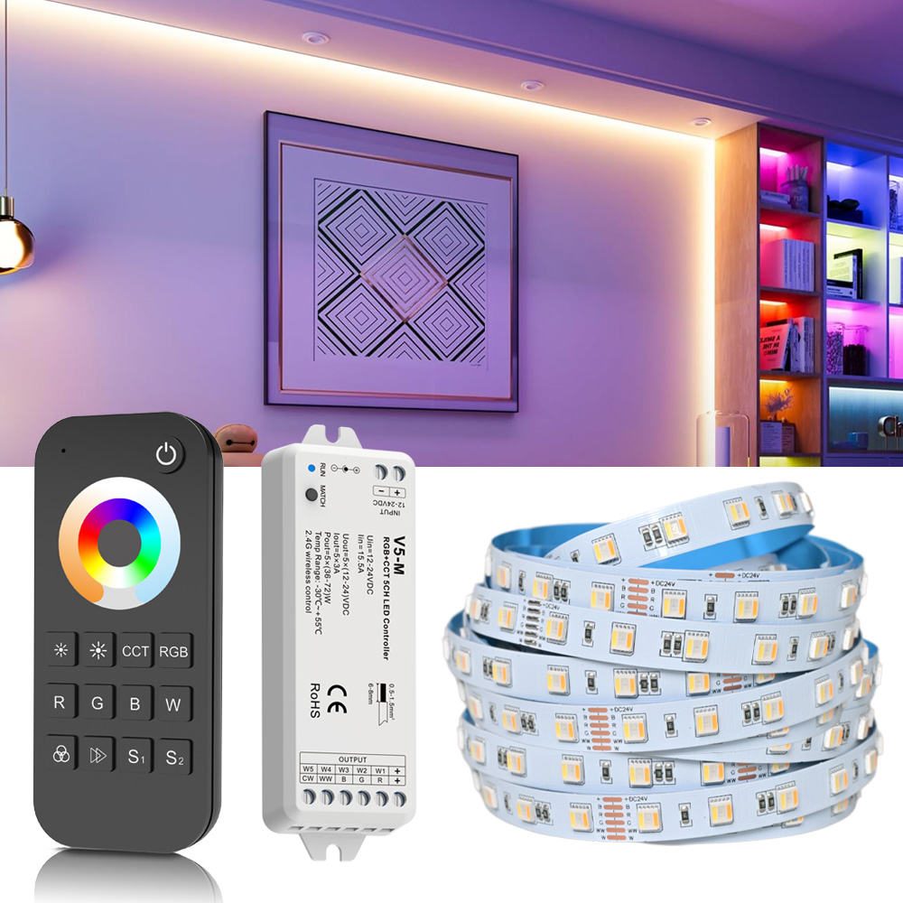 5M 10M 20M RGB+CCT LED Strip 24V 5050SMD 5in1 Chip RGBCW Dimmable Ceiling Room Light Party Decor 2.4G RF Black Remote Control