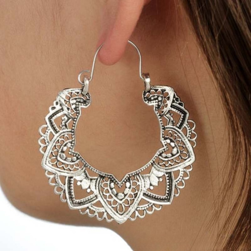Vintage Antique Silver Color Carving Drop Earrings for Women Ethnic Piercing Hoop Earrings Party Jewelry 2023 New Trend Gifts