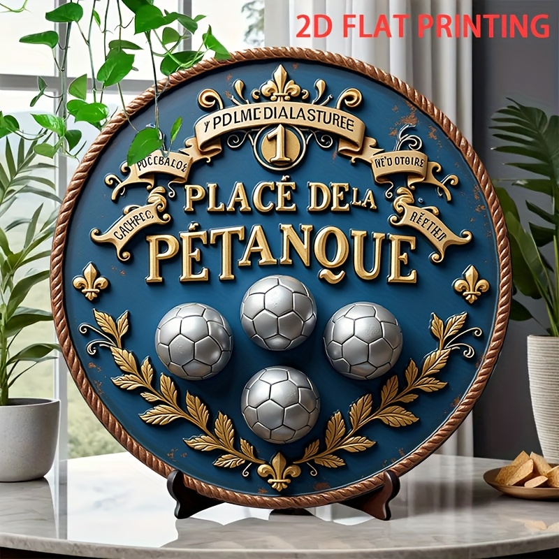 2D Flat, 1pc Vintage French Boules Game Decor - Petanque Tin Sign with Deep Blue & Golden Accents - Heavy-Duty Iron Metal Poster